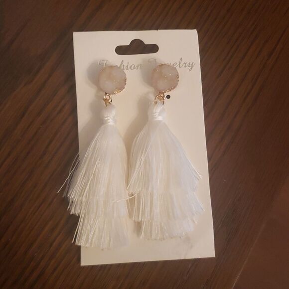 White Stone Tassle Earrings - Picture 3 of 3